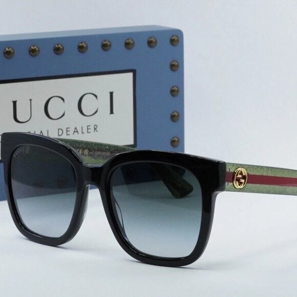 NEW GUCCI GG0034SN 002 Sunglasses Black Green Red Stripe 54mm Gradient Lens New - Picture 1 of 3
